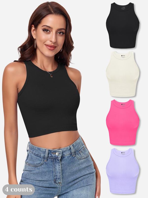 Women's 3pcs Solid Ribbed Crop Shapewear Tank Top, Casual Basic Seamless Sleeveless Shapewear Top for Daily Wear, Ladies Clothes for All Seasons, Summer Wear 2024, Tank Tops for Women, Women's Tops,  Body Shapewear