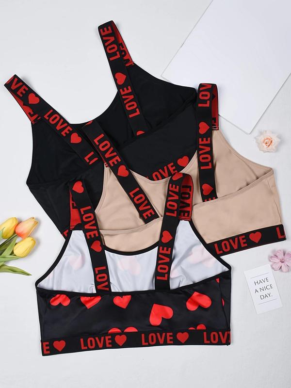  Heart & Letter Print Tape Wireless Bralette, Casual Comfy Breathable Bra for Daily Wear, Women's Lingerie for All Seasons