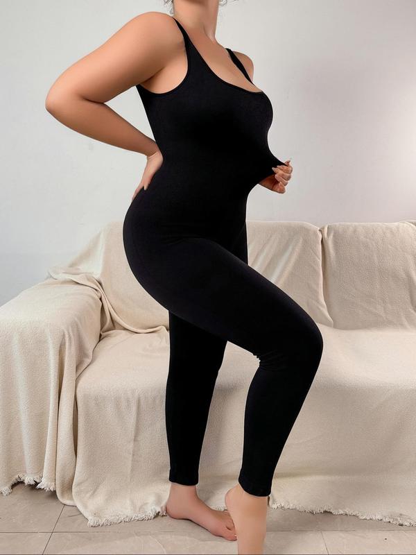  Solid Backless Shapewear Jumpsuit, Casual Comfy Tummy Control Butt Lift Square Neck Sleeveless Jumpsuit for Daily Wear, Women's Shapewear Bodysuit for All Seasons