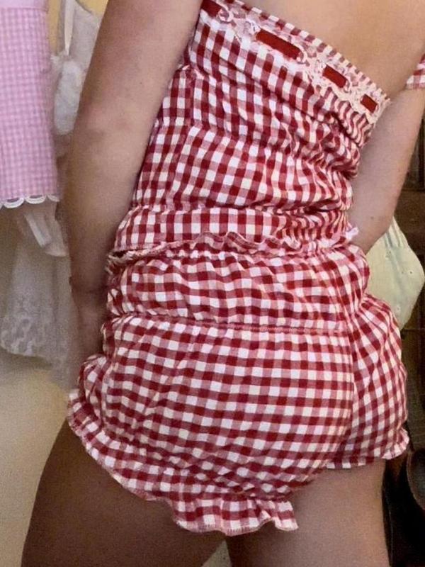Women's Gingham Print Frill Trim Drop Waist Shorts, Casual Comfy Breathable Shorts for Daily Wear, Ladies Bottoms for Summer
