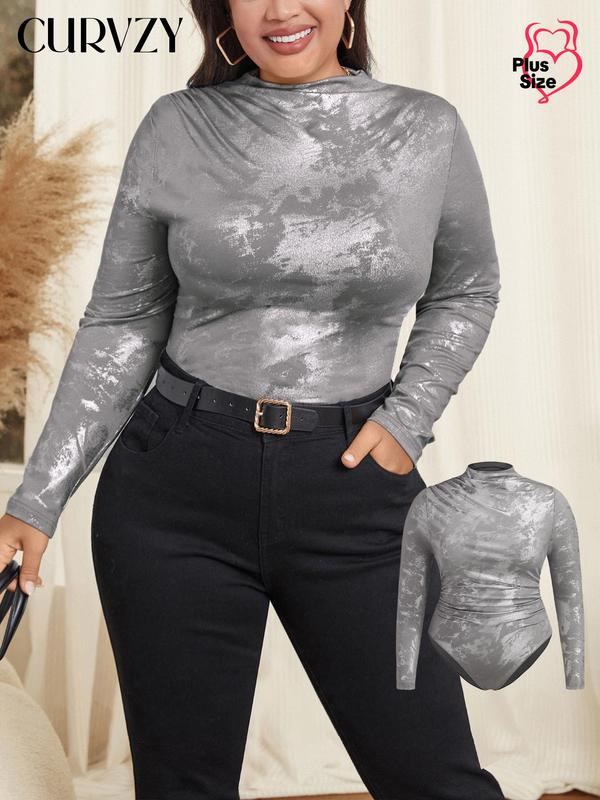 CURVZY Plus Size Solid Mock Neck Long Sleeve Bodysuit, Elegant Fashion Casual Comfy Bodysuit for Daily Outdoor Wear, Women Plus Clothing for All Seasons
