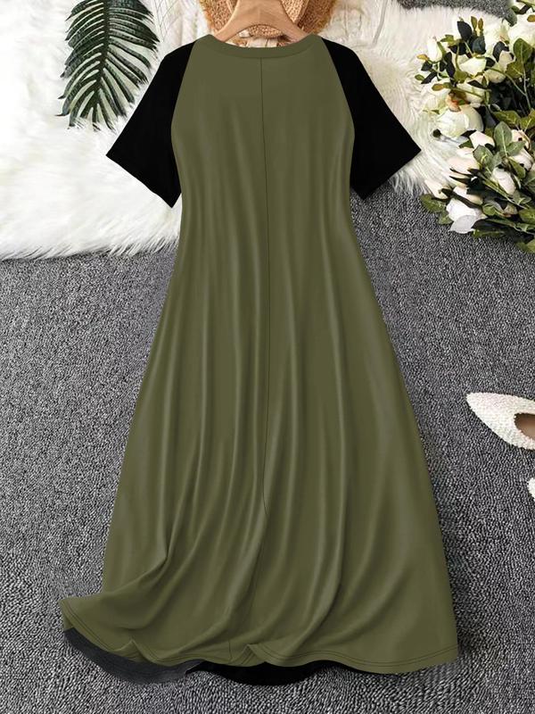  Women's Colorblock Raglan Sleeve Lounge Dress, Casual Soft Comfortable Round Neck Short Sleeve Midi Dress for Daily Home Wear, Sleepwear for All Seasons