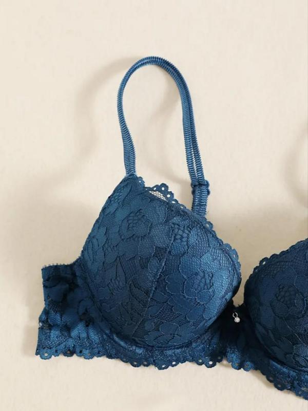 Two-Piece Set Women's Adjustable Strap Lace Bra & Bow Front Panty Set, Solid Color Push Up Lingerie Set, Soft Comfortable Breathable Underwear Set for Daily Wear