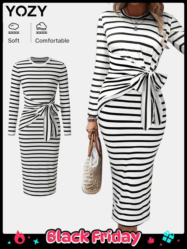 YOZY Black Friday Deals, [size 4-14] Striped Print Knot Side Midi Dress  Casual Long Sleeve Round Neck Dress, 2024 Women's All Seasons Outfits for Daily Wear,  Thanksgiving Clothes, Christmas 2024 Trend, Thanksgiving Clothes, Fall Clothes, Winter Clothes