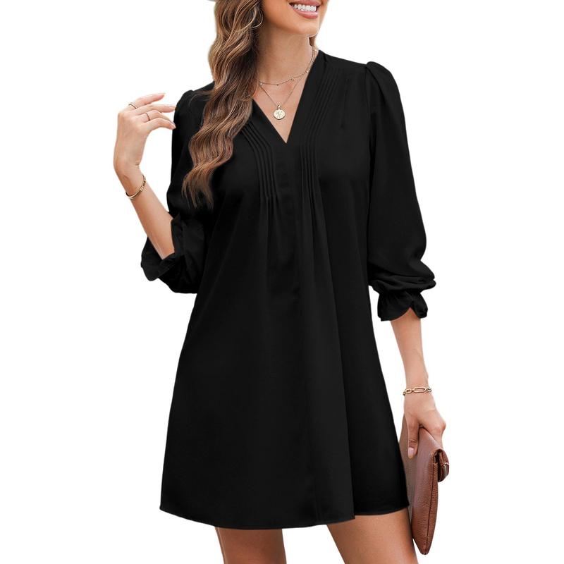 Dokotoo Womens Casual Dress A-Line Ruffle Sleeve V Neck Midi Dress 2024 Fashion Pleated Flowy Sundress Loose Shirt Dresses
