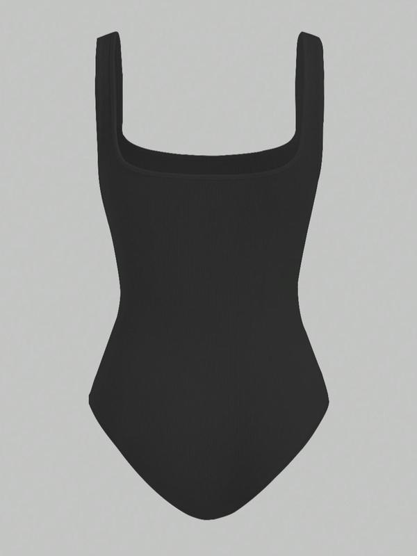 Women's Solid Square Neck Ribbed Bodysuit, Casual Sexy Breathable Seamless Sleeveless Tank Bodysuit for Summer, Ladies Clothes for Daily Wear