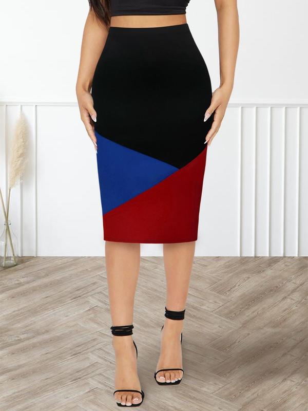 Women's Colorblock High Waist Pencil Skirt, Casual Fashion Knee Length Skirt for Daily Outdoor Wear, Ladies Bottoms for All Seasons