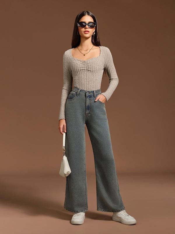 YOZY Women's Strawberry Embroidery Pocket Straight Leg Denim-Effect Print Pants, Casual Comfy Button Denim-Effect Print Trousers for Daily Wear, Ladies Bottoms for All Seasons