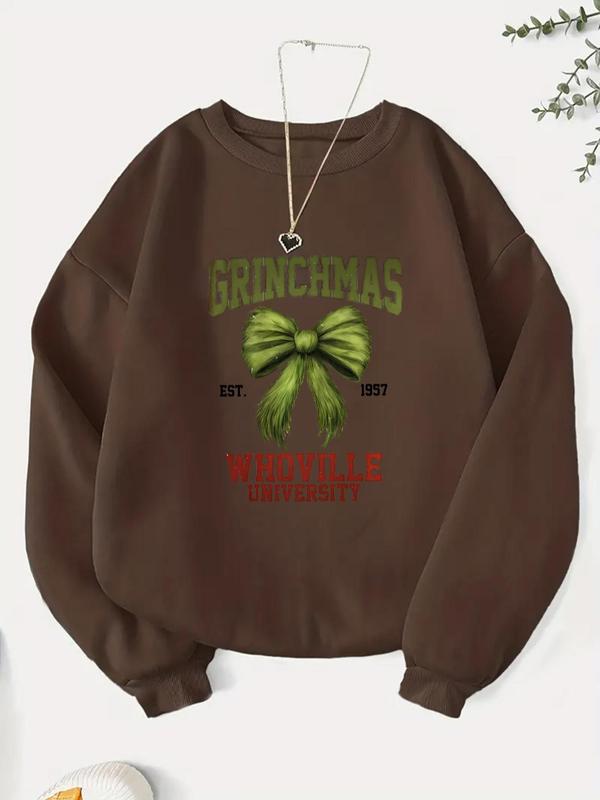 Women's Bowknot Print Crew Neck Sweatshirt, Casual Long Sleeve Pullover for Fall & Winter, Women's Clothes for Daily Wear