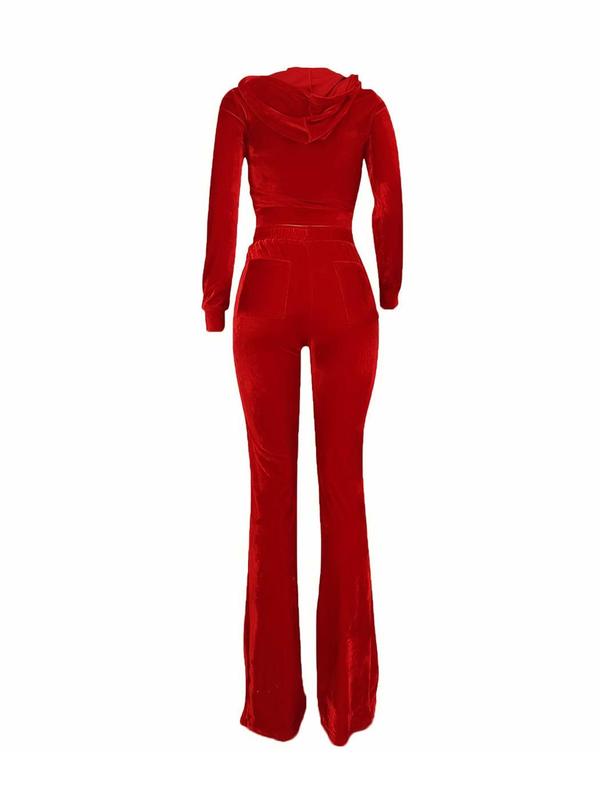 Women's Solid Zip Up Hoodie & Drawstring Waist Pants Velvet Two-piece Set, Casual Long Sleeve Hooded Sweatshirt & Pocket Trousers for Fall & Winter, Women's Clothes for Daily Wear