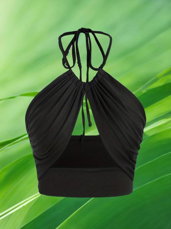 Women's Solid Ruched Tie Back Halter Crop Cami Top, Fashion Casual Backless Top for Summer, Summer Outfits,Ladies Clothes for Beach Holiday Vacation