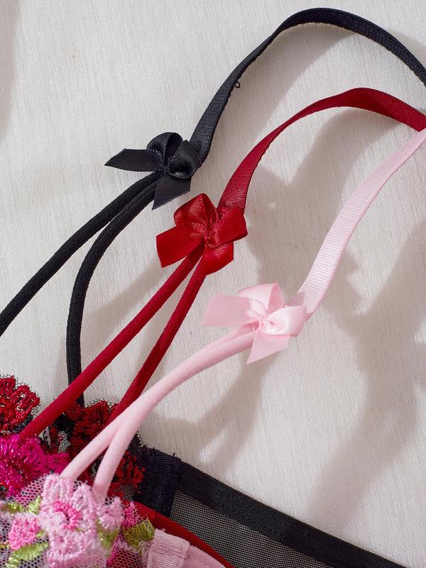 Women's Floral Embroidery Sheer Sexy Lingerie Set, Adjustable Strap Backless Bra & Thong Set, Lingerie Set for Women