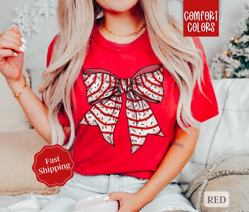 Christmas Cake Bow Shirt Comfort Colors Holiday Tshirt,  Women's Holiday Tee christmas shirt retro christmas