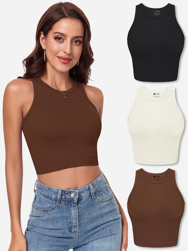 Women's 3pcs Solid Ribbed Crop Shapewear Tank Top, Casual Basic Seamless Sleeveless Shapewear Top for Daily Wear, Ladies Clothes for All Seasons, Summer Wear 2024, Tank Tops for Women, Women's Tops,  Body Shapewear