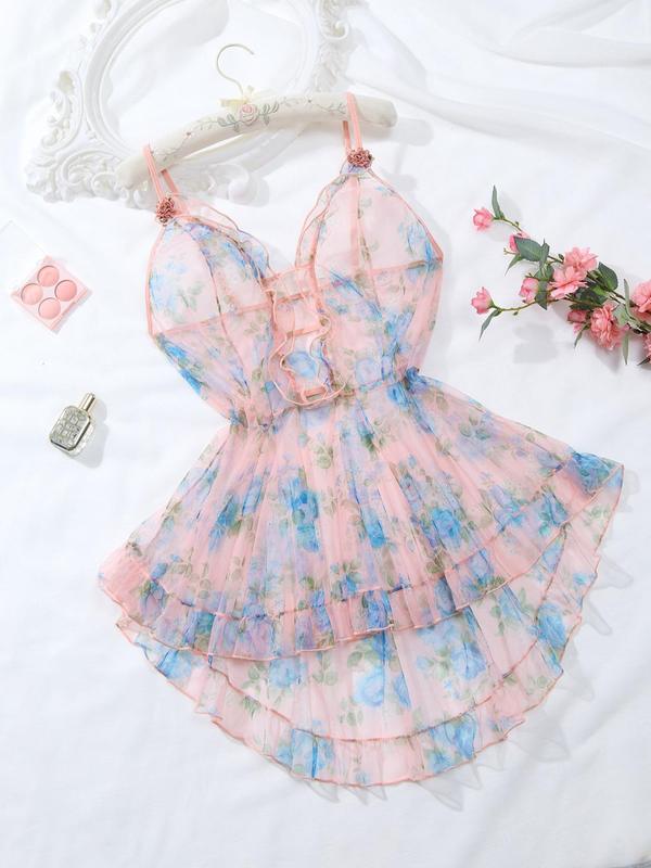 Women's Floral Print Appliques Cut Out Sheer Tulle Sexy Cami Nightdress, Comfy Breathable Ruffle Hem Nightgown, Ladies Sexy Lingerie for All Seasons