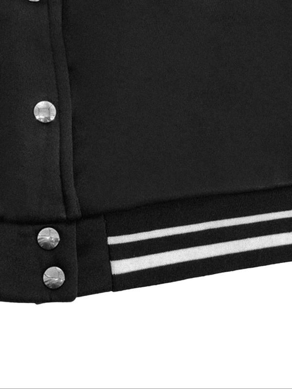  Letter & Striped Print PU Leather Crop Jacket, Casual Drop Shoulder Long Sleeve Button Front Outerwear for Daily Wear, Women's Clothing for Fall & Winter