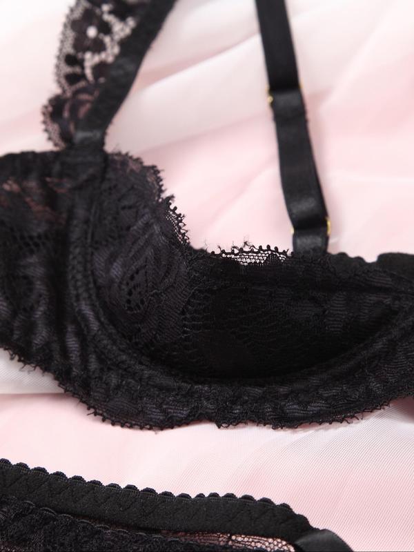 Women's Solid Bow Front Sheer Lace Bra & Thong  Set, Sexy Adjustable Strap Lingerie Set, Women's Lingerie & Underwear