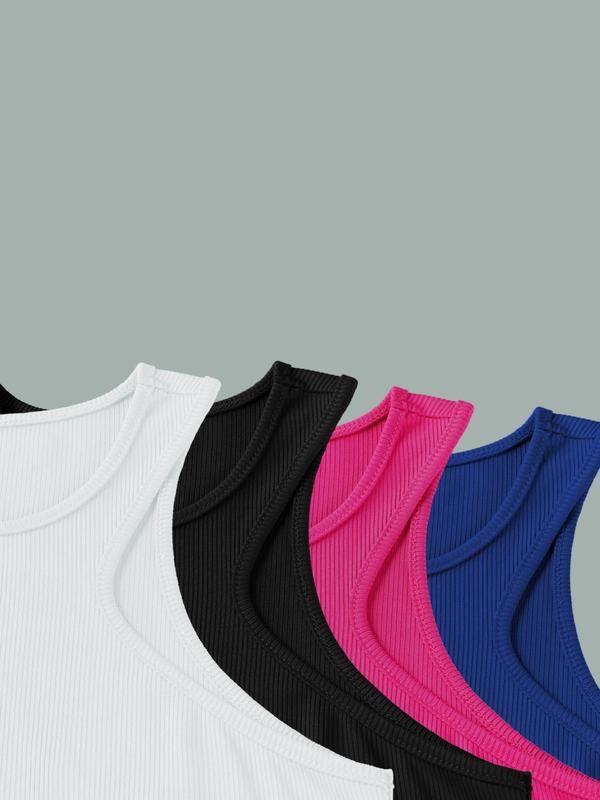 Women's Solid Round Neck Tank Top, Casual Basic Sleeveless Cropped Top for Summer, Ladies Clothes for Daily Wear