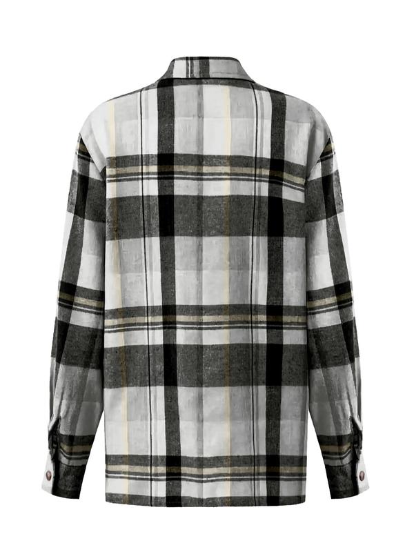 Women's Plaid Print Button Front Drop Shoulder Shirt, Casual Long Sleeve Pocket Collared Top for Daily Wear, Ladies Clothes for All Seasons
