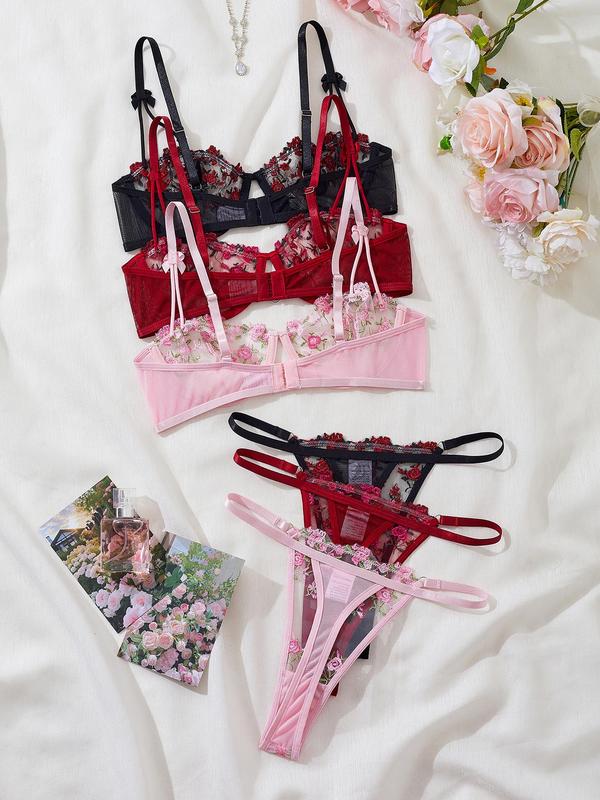 Women's Floral Embroidery Sheer Sexy Lingerie Set, Adjustable Strap Backless Bra & Thong Set, Lingerie Set for Women