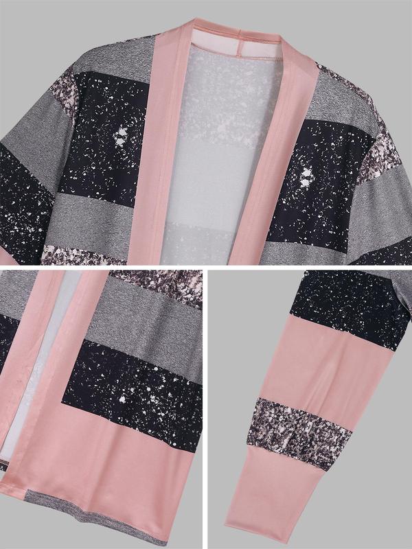  Colorblock Striped Print Open Front Longline Coat, Casual Jackets, Long Sleeve Outerwear for Fall & Winter, Women's Clothes for Daily Wear