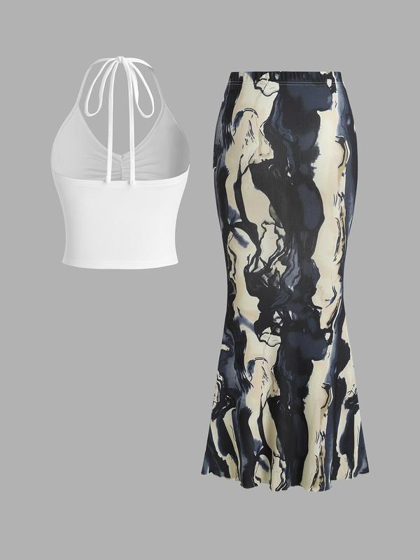 YOZY [4 colors, size 4-14] Ruched Halter Crop Top & Tie Dye Print Maxi Skirt Dress Set  Spaghetti Strap Backless Top & Elastic Waist Lettuce Trim Mermaid Skirt, 2024 Women's Holiday & Vacation Wear for Summer, [S-XXL]