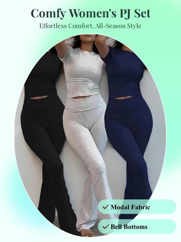 Women's Solid Color Round Neck Tee & Flare Leg Pants Pyjama Set, Casual Comfy Short Sleeve T-shirt & Bell Bottom Trousers PJ Set, Ladies Sleepwear for All Seasons
