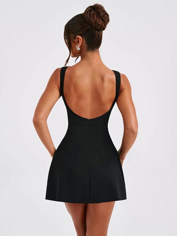 Women's Solid Backless Boat Neck A Line Dress, Fashion Casual Sleeveless Short Dress for Daily Outdoor Wear, Ladies Dress for Summer