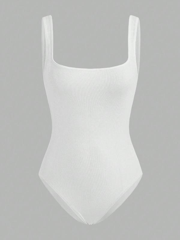 Women's Solid Square Neck Ribbed Bodysuit, Casual Sexy Breathable Seamless Sleeveless Tank Bodysuit for Summer, Ladies Clothes for Daily Wear