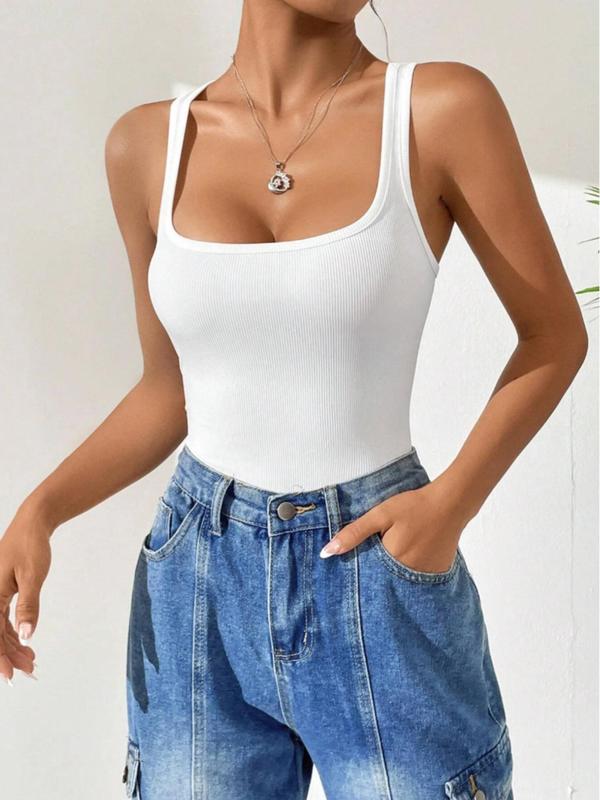 Women's Solid Square Neck Ribbed Bodysuit, Casual Sexy Breathable Seamless Sleeveless Tank Bodysuit for Summer, Ladies Clothes for Daily Wear