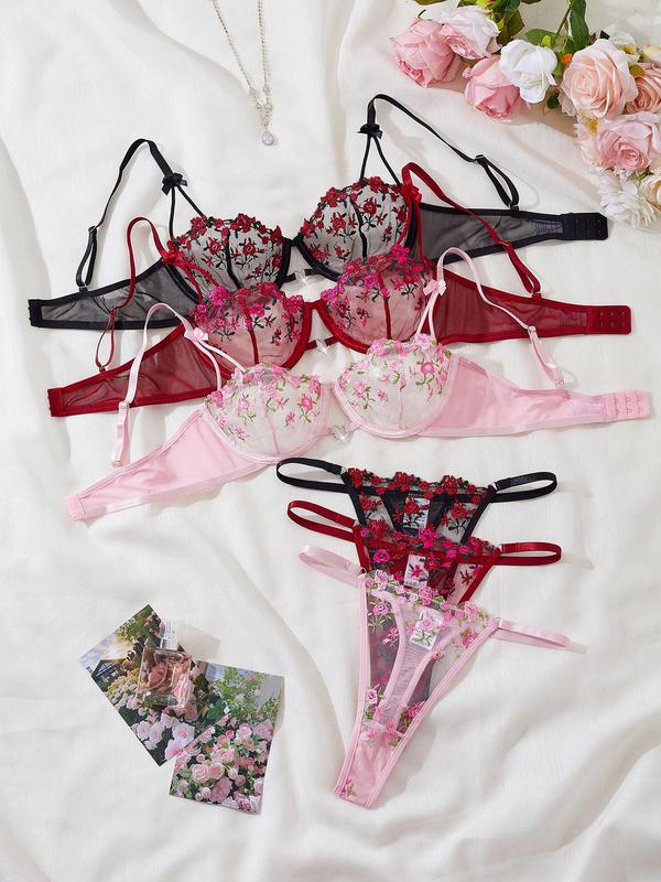Women's Floral Embroidery Sheer Sexy Lingerie Set, Adjustable Strap Backless Bra & Thong Set, Lingerie Set for Women