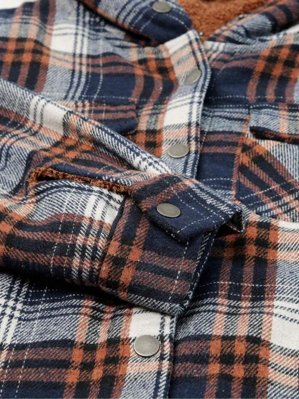 Women's Plaid Print Button Front Hooded Coat, Casual Long Sleeve Pocket Outerwear for Fall & Winter, Women's Clothing for Daily Wear