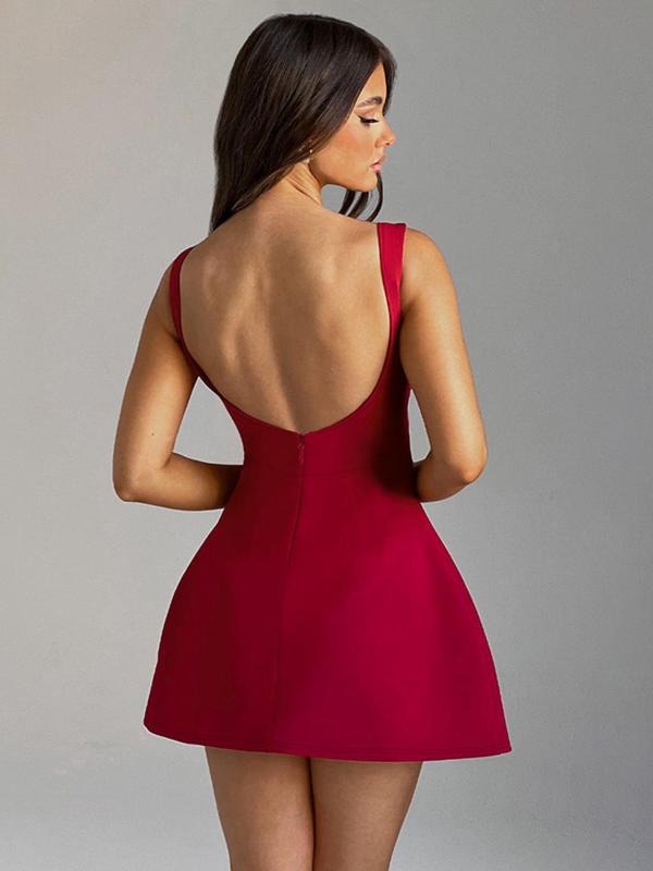 Women's Solid Backless Boat Neck A Line Dress, Fashion Casual Sleeveless Short Dress for Daily Outdoor Wear, Ladies Dress for Summer