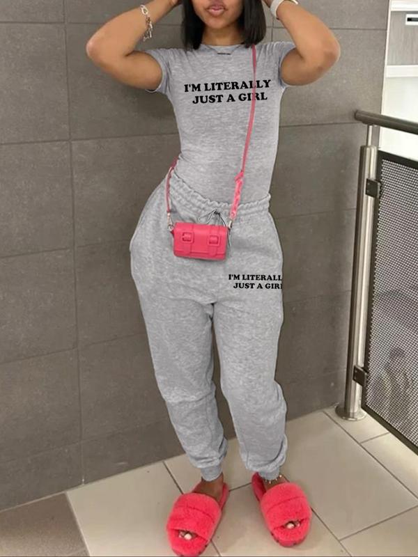 Women's Letter Print Tee & Drawstring Waist Pants Two-piece Set, Casual Short Sleeve Round Neck T-shirt & Elastic Waist Trousers for Spring & Fall,  2 Piece Sets Women, Summer Outfits 2024 Sets, Ladies Clothes for Daily Wear