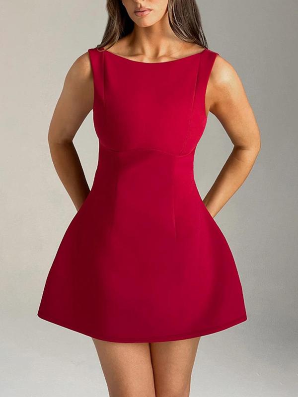 Women's Solid Backless Boat Neck A Line Dress, Fashion Casual Sleeveless Short Dress for Daily Outdoor Wear, Ladies Dress for Summer