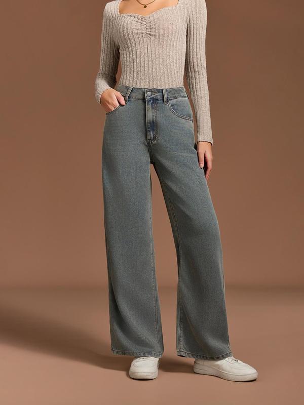 YOZY Women's Strawberry Embroidery Pocket Straight Leg Denim-Effect Print Pants, Casual Comfy Button Denim-Effect Print Trousers for Daily Wear, Ladies Bottoms for All Seasons
