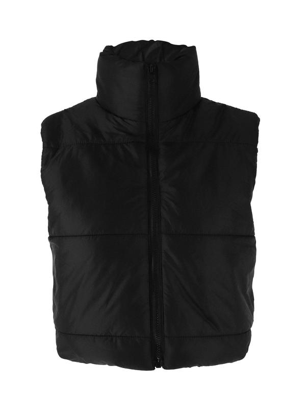 Women's Solid Zip Up Crop Puffer Vest, Casual Stand Collar Sleeveless Outerwear for Fall & Winter, Ladies Clothes for Daily Wear