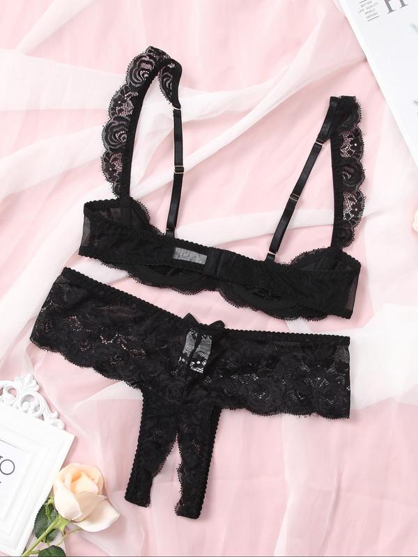 Women's Solid Bow Front Sheer Lace Bra & Thong  Set, Sexy Adjustable Strap Lingerie Set, Women's Lingerie & Underwear