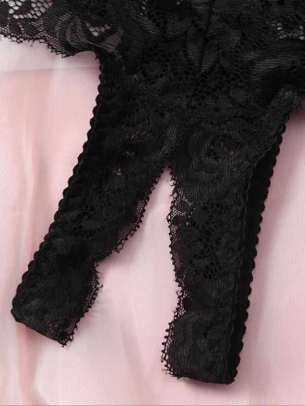 Women's Solid Bow Front Sheer Lace Bra & Thong  Set, Sexy Adjustable Strap Lingerie Set, Women's Lingerie & Underwear