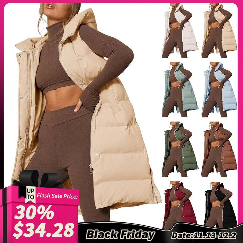 Fisoew Christmas Womens Down Vest with Stand Collar Thick Hooded Sleeveless Long Coats Jacket