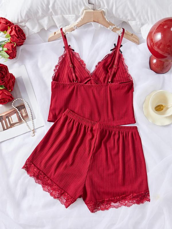 Women's Contrast Lace Bow Decor Ribbed Pyjama Two-Piece Set, Elegant Adjustable Spaghetti Strap Ruffle Trim Crop Camisole & Elastic Waist Shorts PJ Set, Ladies Sleepwear for All Seasons
