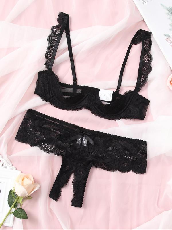 Women's Solid Bow Front Sheer Lace Bra & Thong  Set, Sexy Adjustable Strap Lingerie Set, Women's Lingerie & Underwear