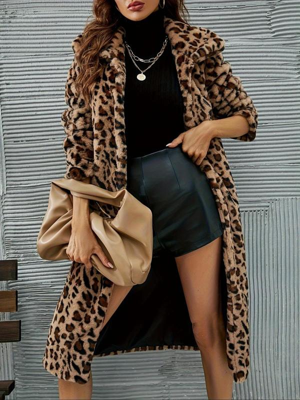 Women's Leopard Print Pocket Faux Fur Coat, Casual Long Sleeve Collared Fuzzy Outerwear for Fall & Winter, Women's Clothing for Daily Wear