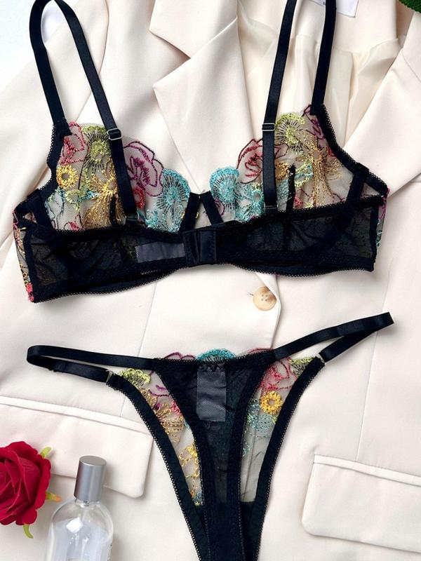 Women's Floral Embroidery Push Up Bra & Thong Sexy Lingerie Set, Elegant Romantic Breathable Comfortable Underwear Set for Daily Wear, Women's Lingerie & Underwear for All Seasons