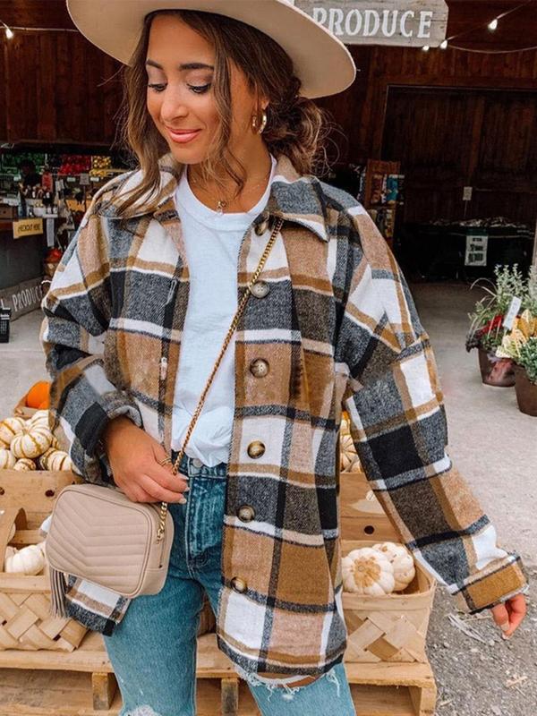 Women's Plaid Print Button Front Drop Shoulder Coat, Casual Fashion Jackets, Chic Comfort Longsleeves Collared Button Up Outerwear for Fall, Lady Clothing for Daily Wear, Womenswear, Downtown Girl Clothes