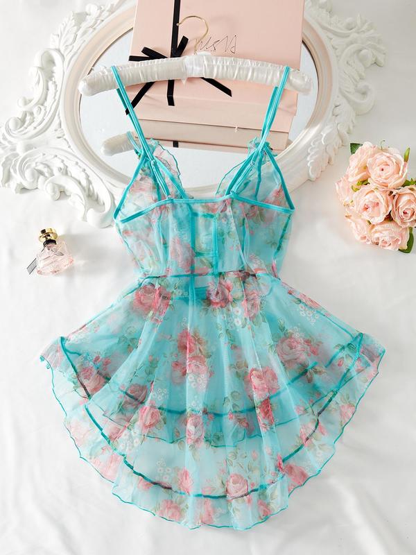 Women's Floral Print Appliques Cut Out Sheer Tulle Sexy Cami Nightdress, Comfy Breathable Ruffle Hem Nightgown, Ladies Sexy Lingerie for All Seasons