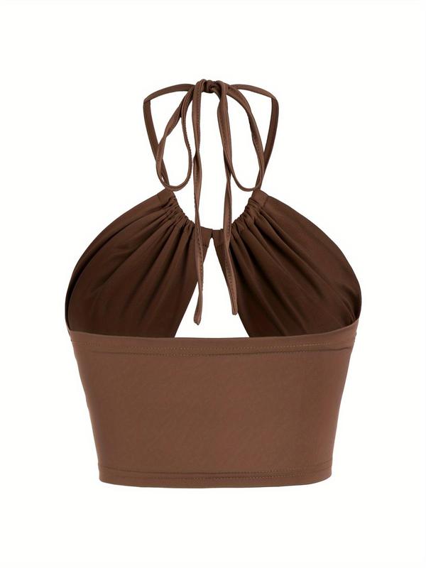 Women's Solid Ruched Tie Back Halter Crop Cami Top, Fashion Casual Backless Top for Summer, Summer Outfits,Ladies Clothes for Beach Holiday Vacation