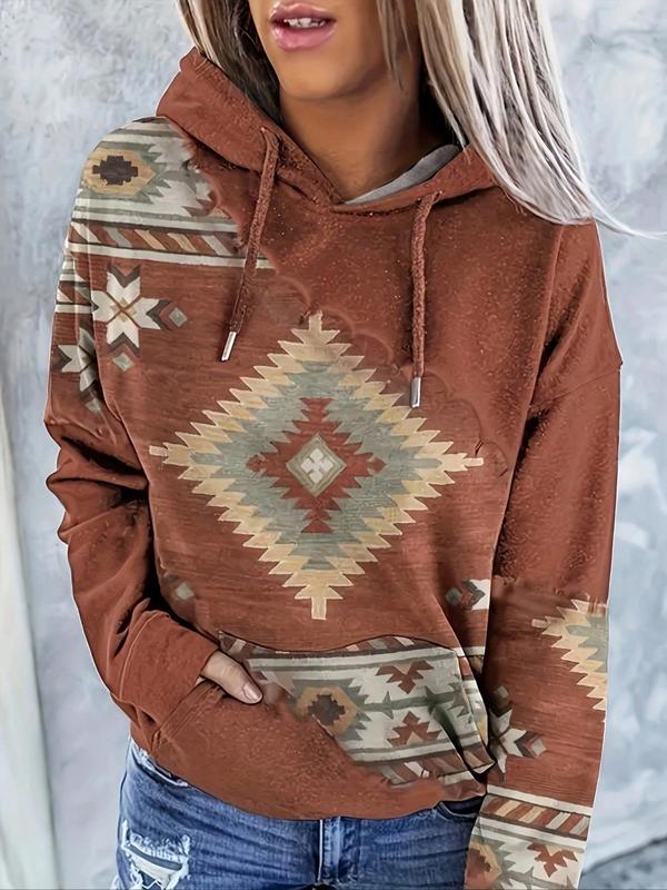 Women's Ethnic Pattern Hoodie, Casual Navajo Style Printed Long Sleeve Hooded Sweatshirt for Daily Holiday Vacation Wear, Ladies Clothes for All Seasons