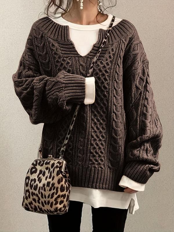Women's Textured Drop Shoulder Notched Sweater, Casual Long Sleeve Jumper for Fall, Women's Clothing for Daily Wear, Please Purchase One Size Smaller, Downtown Girl Clothes