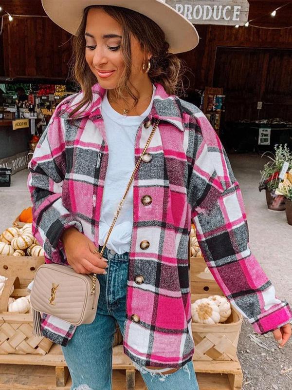 Women's Plaid Print Button Front Drop Shoulder Coat, Casual Fashion Jackets, Chic Comfort Longsleeves Collared Button Up Outerwear for Fall, Lady Clothing for Daily Wear, Womenswear, Downtown Girl Clothes